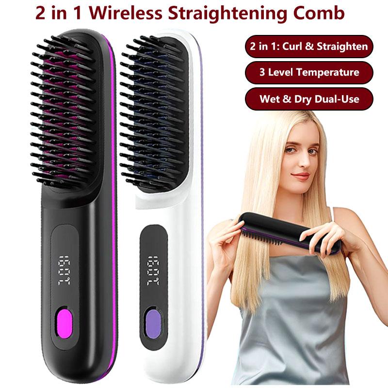 Cordless Hair Straightener Brush LED Temperature Display Ceramic Heating Electric Brush Anti-Scald Wet & Dry Wireless Hair Straightener Comb