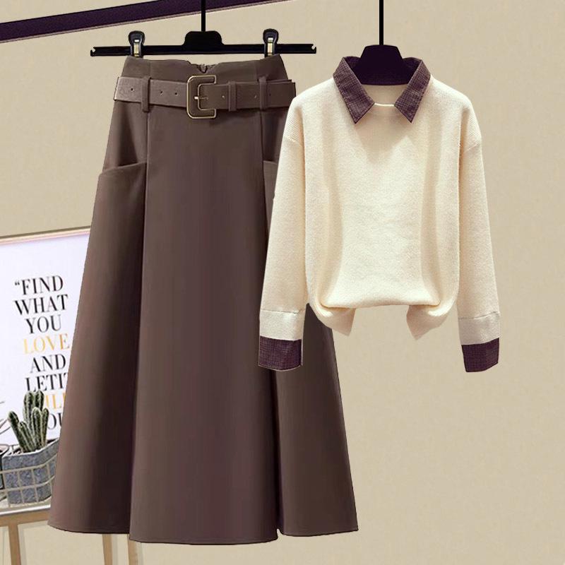 2023 Dámský luxusní pletený svetr a áčková sukně ze směsi vlny