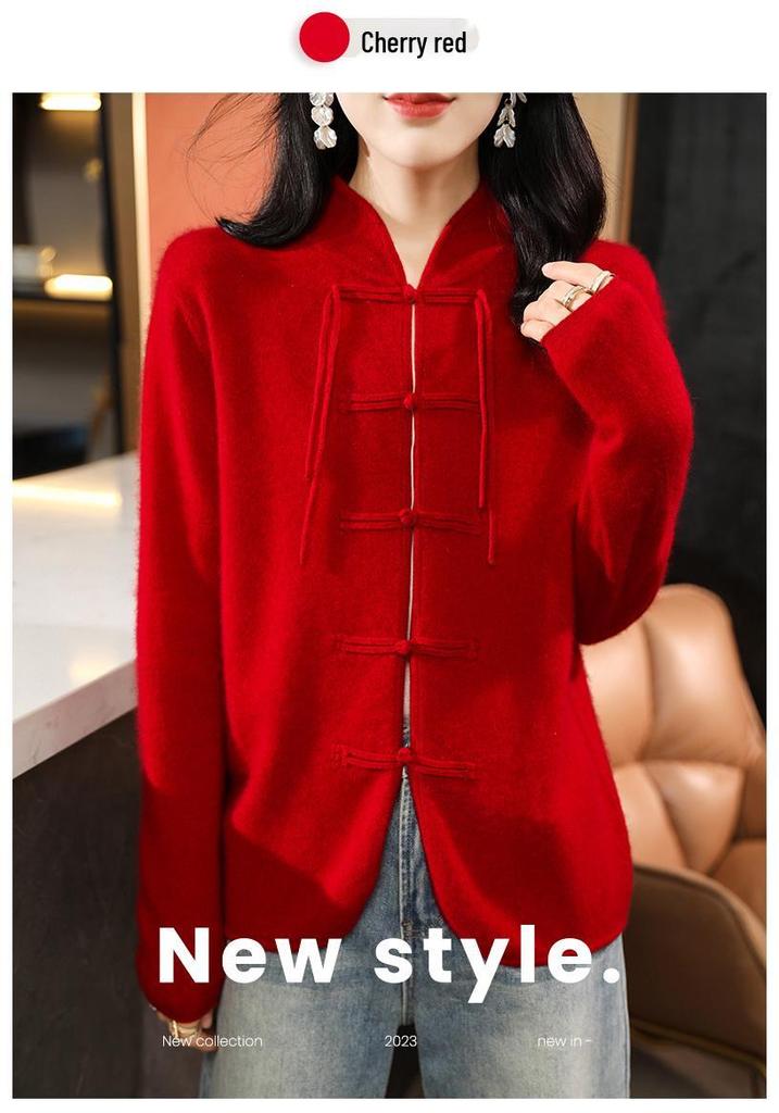 Women's Retro Chinese Style Wool Cardigan - Autumn/Winter Stand Collar with Frog Buttons