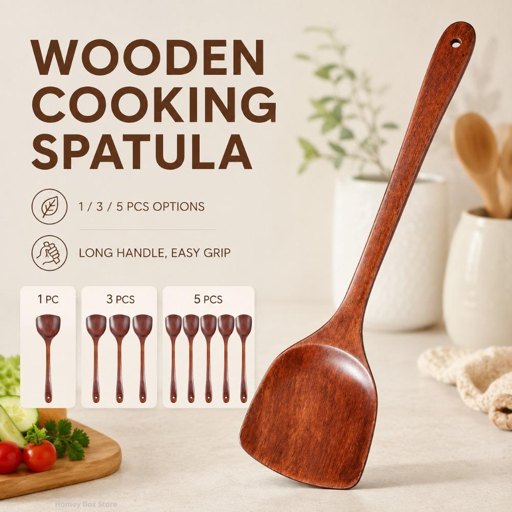 Long Handle Wooden Spatula Spatule Cuisine Antiadhésive Spatule de Cuisson en Bois 1/3/5Pcs Utensile Pour Poêle Ménage Cuisine