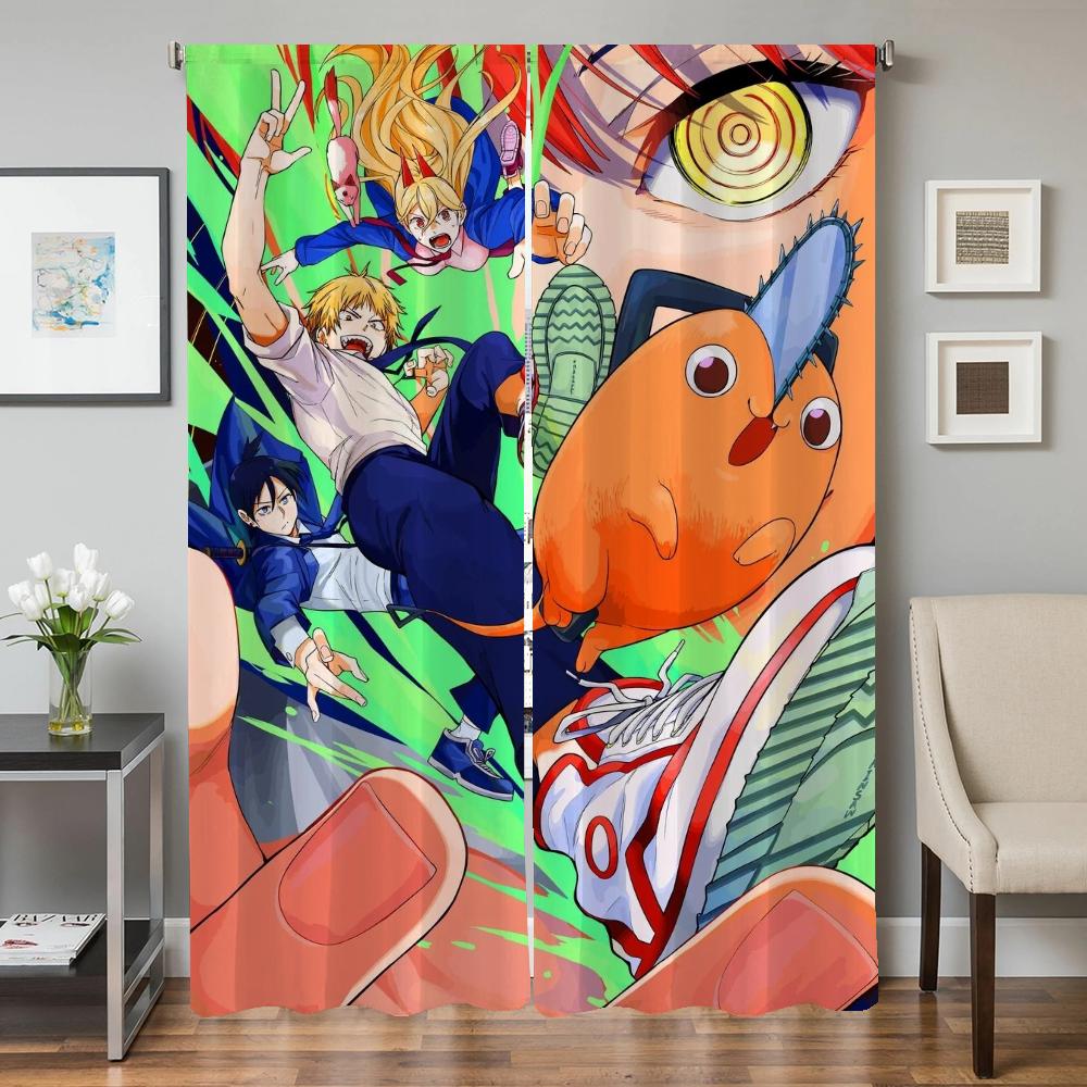 Home Interior Kitchen Curtains for Living Room 2 Pieces Blackout Curtains Door Curtain Chainsaw Man Bedroom Decoration Partition