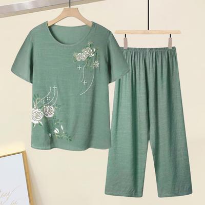 Conjunto de 2 peças/conjunto feminino camiseta e calça roupa de casa estampa floral gola redonda manga curta top perna larga cintura elástica calças soltas pijamas roupa de dormir