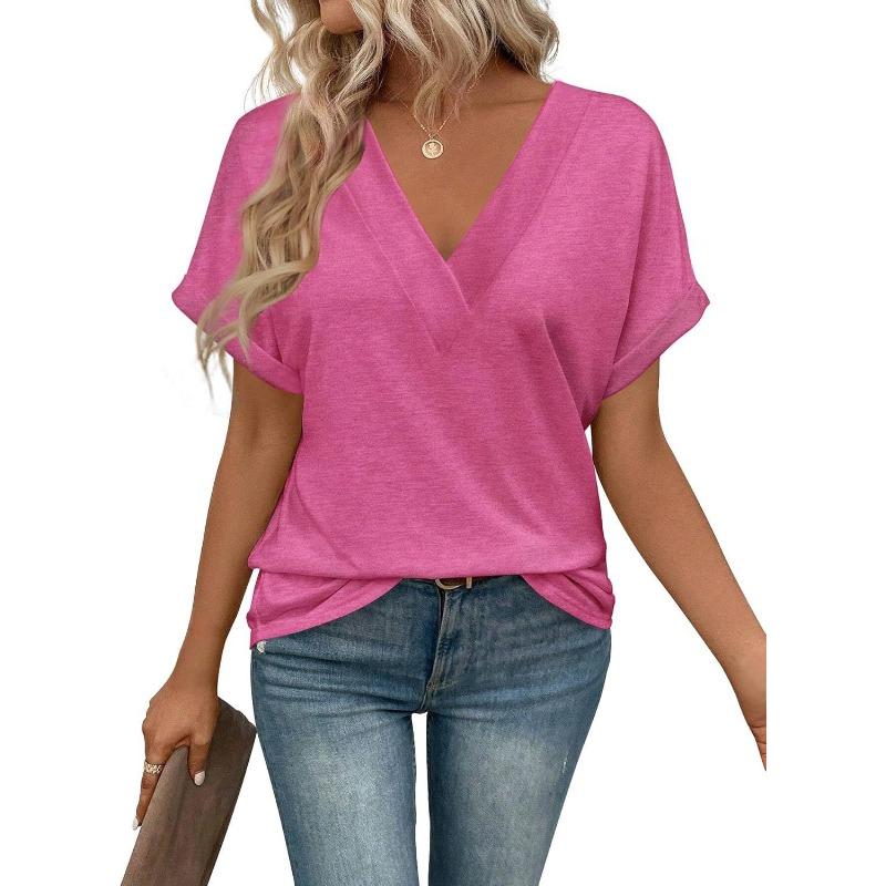 IHUASU Women's Fashion Casual Solid Color Print Short Sleeve V Neck Blouses & Shirts Unique design
