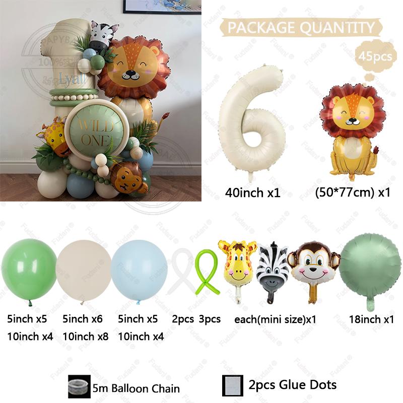 45pcs Lion Giraffe Balloon Cream White Number Birthday Balloon Set Jungle Animal Theme Birthday Party Decoration Children's Gift