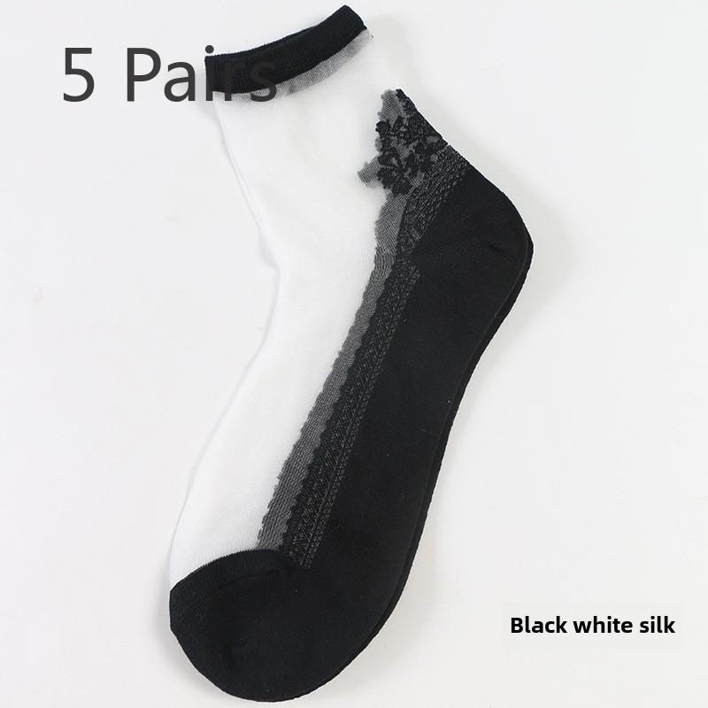 5 Pairs Fashion Breathable Glass Silk Women's Cotton Socks Crystal Stockings Comfortable Light Small Fresh