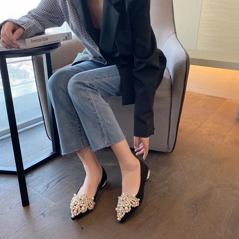2024 Trend Pearl Ballet Flats Women Pumps Floors Shoes Without Heels Loafers Female Dress Moccasins Ladies Luxury Autumn Zapatos