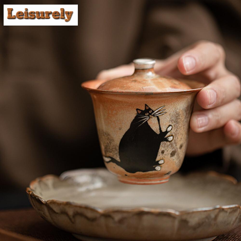 100ml Hand-painted Silver Kiln Change Gaiwan Wood-fired Porcelain Zhiye Cat Tea Tureen Tea Making Cover Bowl Tea Drinkware Gift