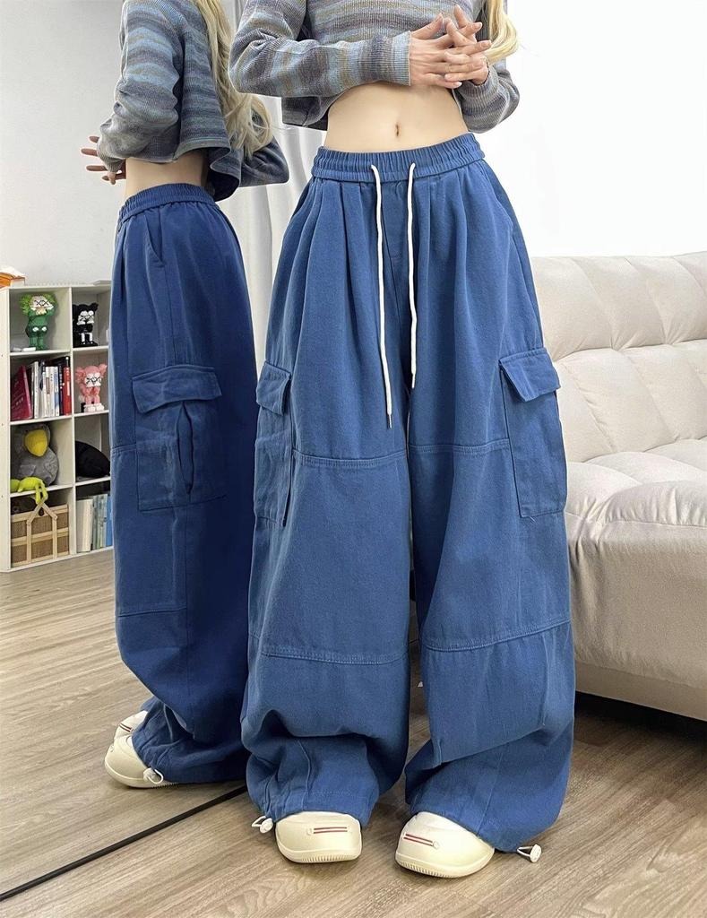 Trendy Unisex Deep Blue Wide-Leg Floor-Length Pants: Cool, Stylish, Plus-Size, Casual Spring/Summer Workwear.
