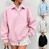 Womens 2026 Fall Winter Loose Fit Polo Collar Fleece Long Sleeve Pullover Sweater Casual Solid Color
