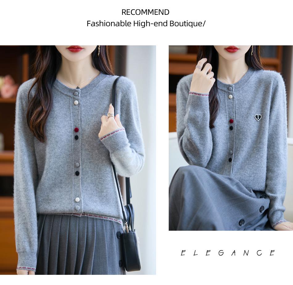 Designer Color Block Wool Cardigan - Heart Buckle, Round Neck, Versatile Casual Sweater for Autumn/Winter