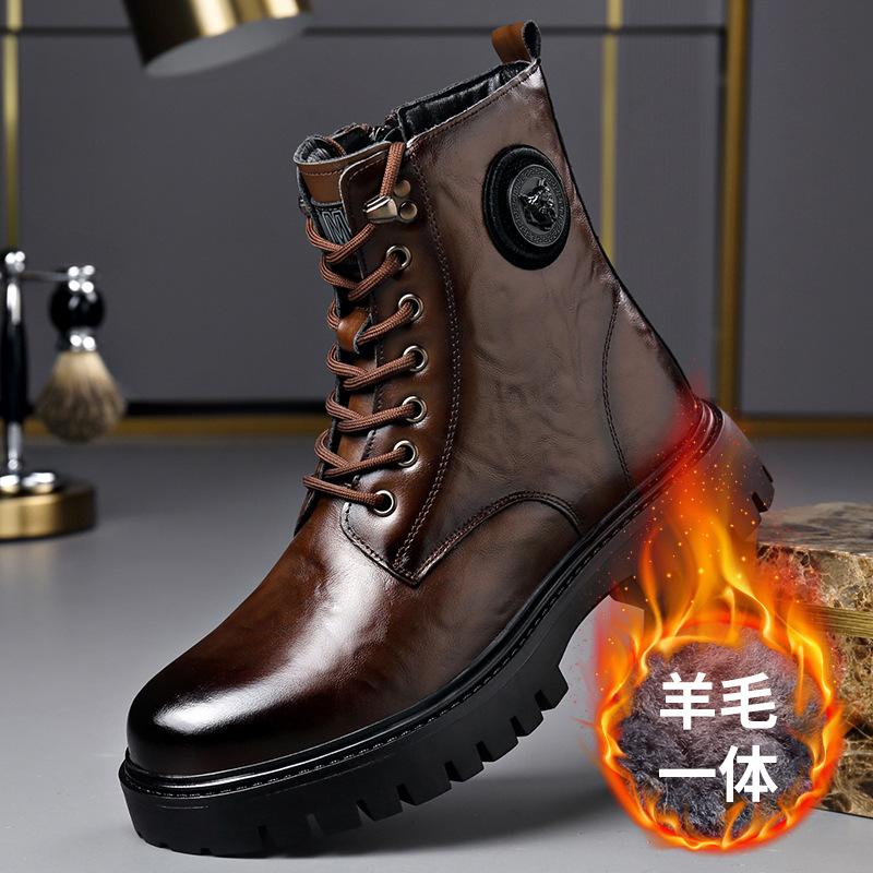 Botines de Cuero Genuino Otoño Invierno para Hombre Moda Casual Plataforma Zapatos de Trabajo Mujer Color Sólido Lana Algodón Botas Hombre