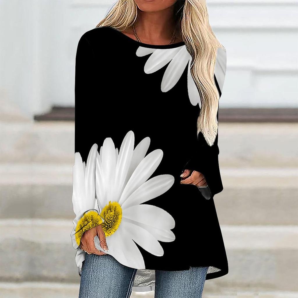 Plus Size Women Spring floral Printed Comfy Long Sleeve Round Collar T-shirt Casual Baggy Mid Length Tee Tops