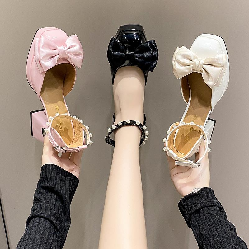 

Temperament One Word Buckle with High Heels Female Spring and Summer Fairy Bow Head Thick Heeled Sandals Fashion Women Summer Breathable Shoes 35