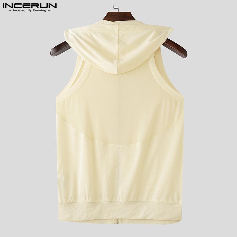 INCERUN Men Summer Sleeveless Zipper Back Mesh Patchwork Fitted Hooded Tank Tops 