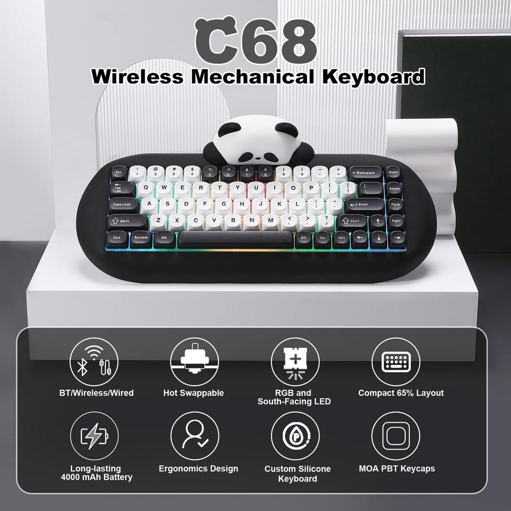 YUNZII C68 Wireless Mechanical Cute Panda Gaming Keyboard with Three RGB for Technical Standards Certification Keyboard, Design, 65% Wireless,