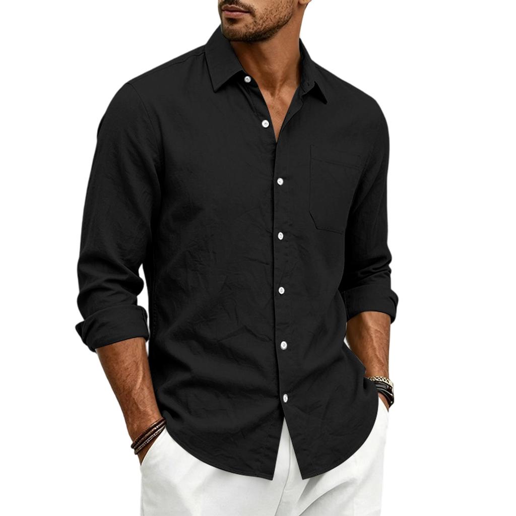 Men’s Linen Long Sleeve Shirt with Classic Turn-Down Collar and Single Chest Pocket Casual Relaxed Fit for Spring and Autumn