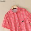 ZANZEA Women Grid Print Casual Turn Down Collar Short Sleeve Blouse