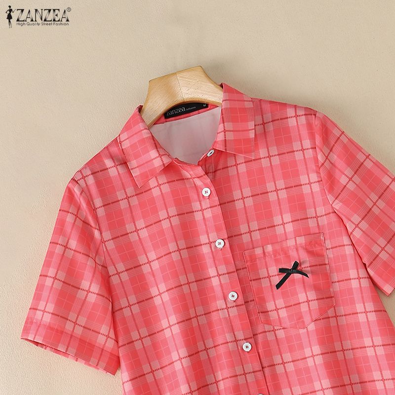 ZANZEA Women Grid Print Casual Turn Down Collar Short Sleeve Blouse