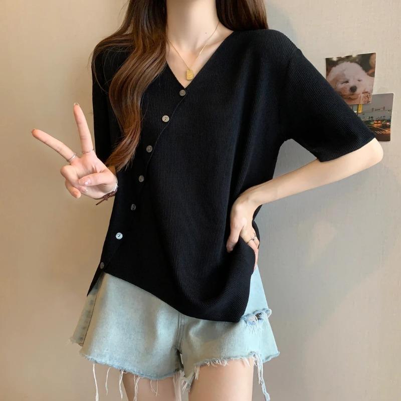 

Summer New Plus Size Women s Loose and Irregular Design Short-sleeved T-shirt Tops M чёрный