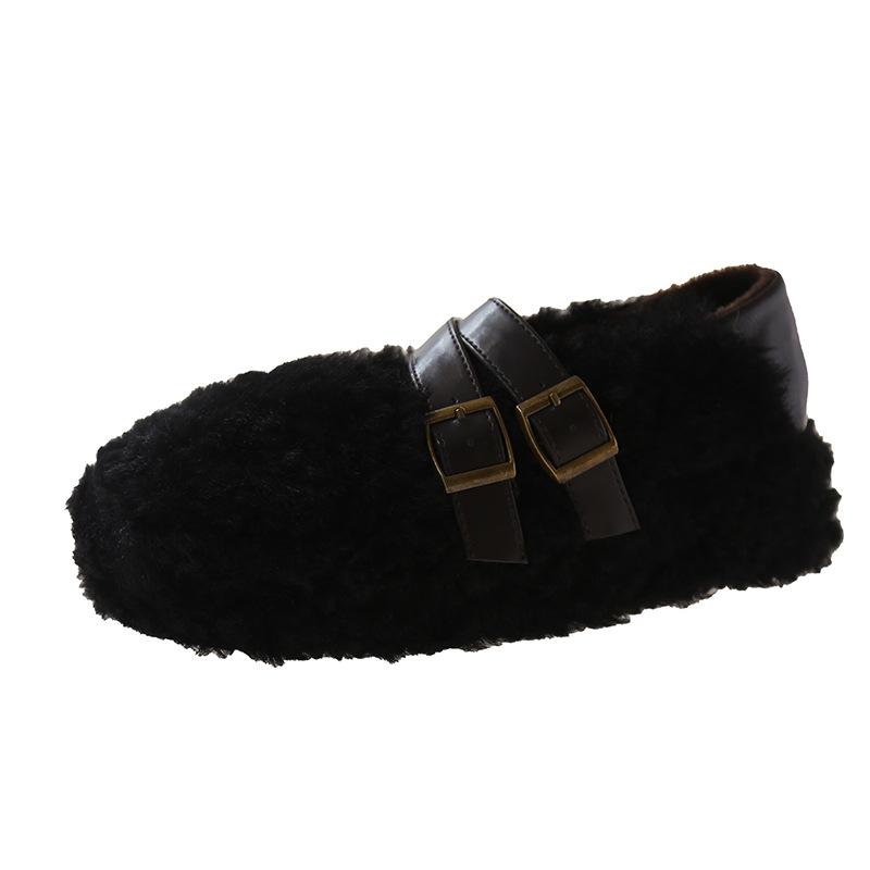 Mary Jane fluffy shoes women's autumn and winter wear 2025 new flat-soled soft-soled lamb wool bean shoes with fleece floating shoes