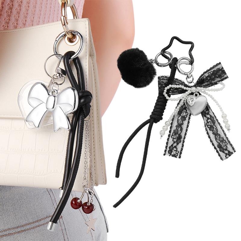 Y2K Exquisite Bow Cherry Pendant Keychain Black Woven Rope Knot Keyring Trendy Key Holder Bag Charm Handbag Pendant For Girls
