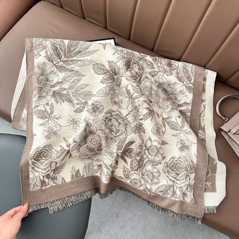 

New flower imitation cashmere scarf women s autumn and winter high-end double-sided casual elegant shawl thickened warm scarf 185x65cm хаки