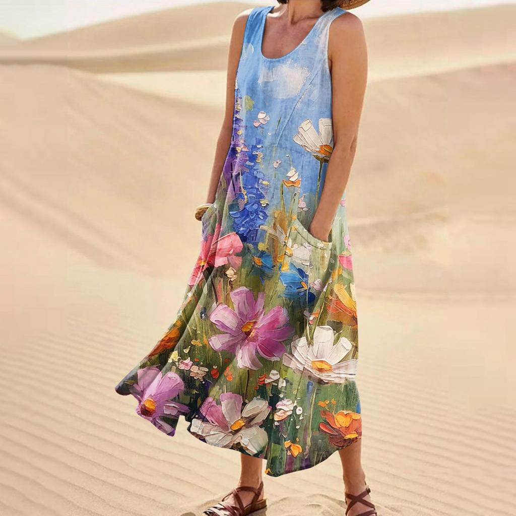 Women's Casual Fashion Flower Printed Sleeveless Pocket Dress