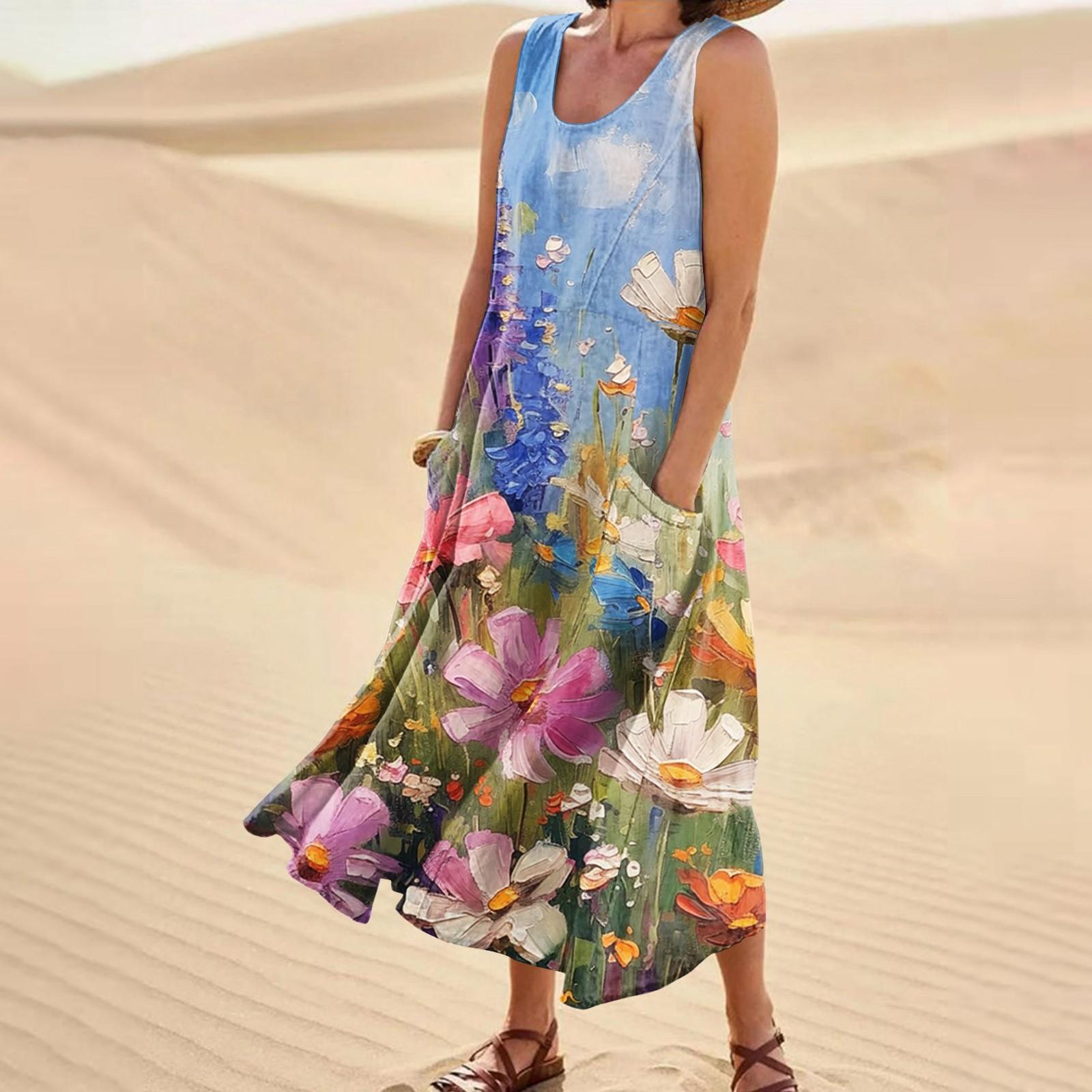 

Women s Casual Fashion Flower Printed Sleeveless Pocket Dress S синий