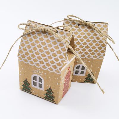 5Pcs Merry Christmas Gift Boxes House Shape Kraft Paper Candy Cookie Bags Packaging Boxes Christmas Tree Pendant Party Decor