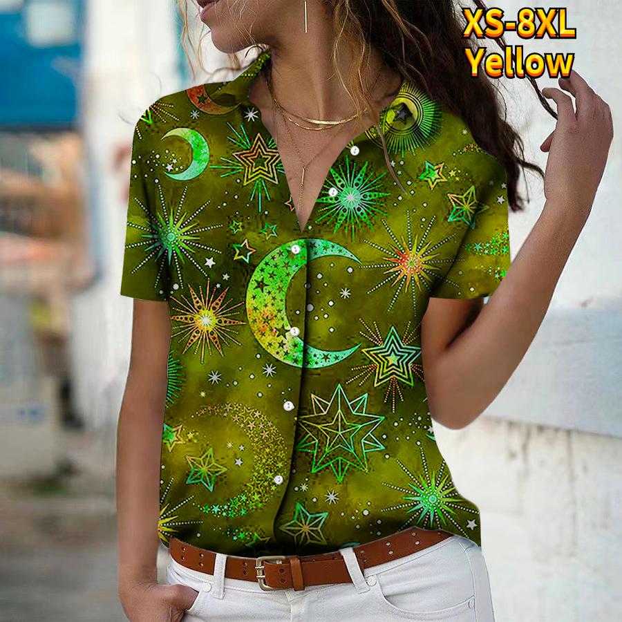 2025 Summer New Fashion Women's Star Printed Short Sleeve V-neck Casual Button-down Shirt Top