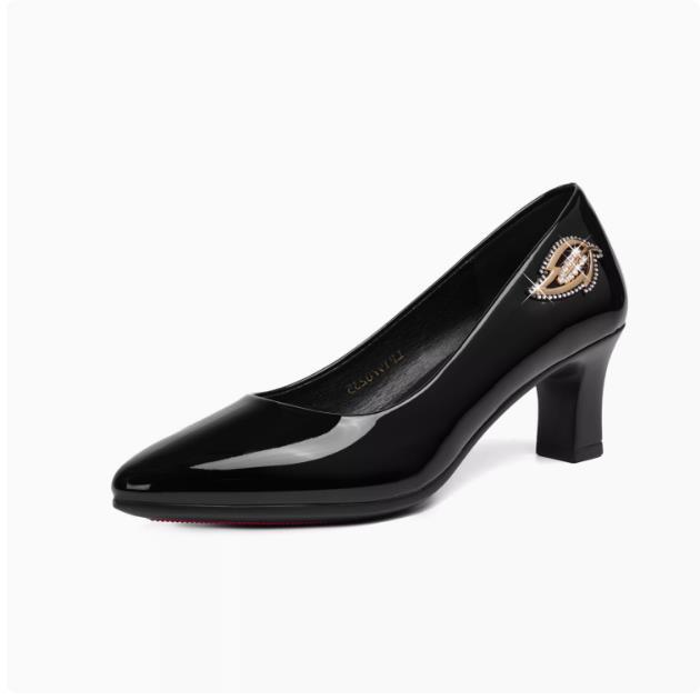 Spring new round toe high heels, thick heels, patent leather women's professional work shoes, temperament, four seasons bright leather shoes