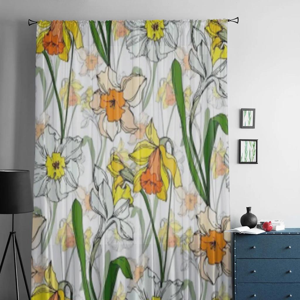 Hand Drawn Wild Rose Flower Narcissus Sheer Curtains For Living Room Modern Fashion Valance Curtains For Kitchen Tulle Curtains