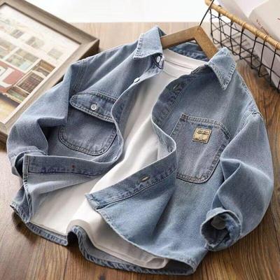 Jongens Denim Shirt Kinderen Dunne Revers Jas Lange Mouw Shirt