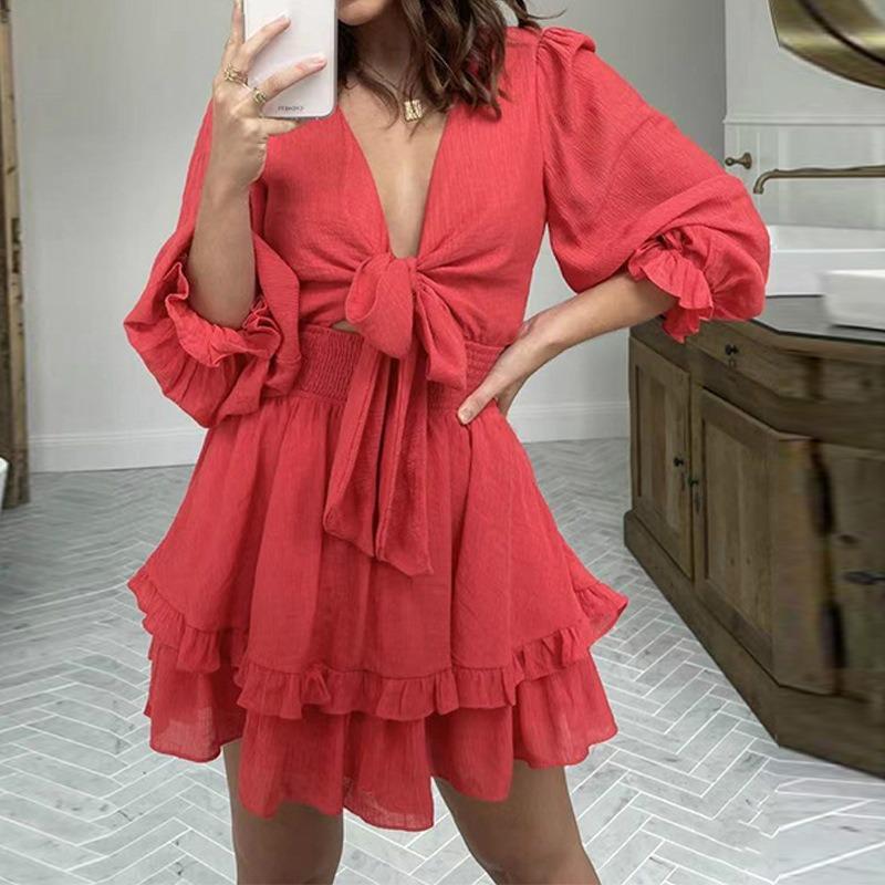 New European and American spring and autumn V-neck long-sleeved bubble-sleeved solid-color lace-up ruffle dress