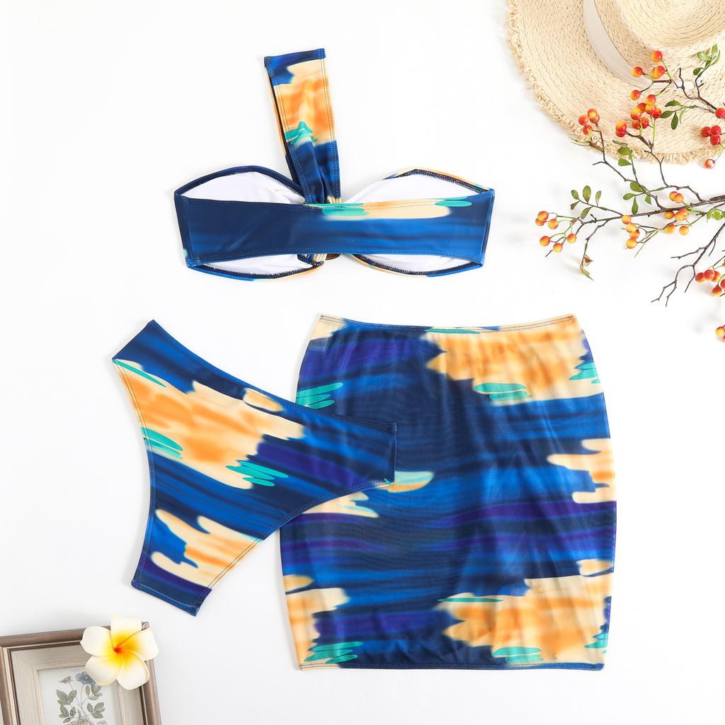 Sommer Damen Badeanzüge Batik-Druck Mesh Dreiteiliges Set Geteilte Badeanzüge Bikini Strandbekleidung Badeanzüge
