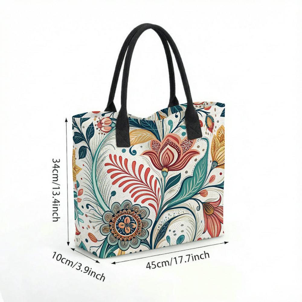  Boho Floral Print Tote Bag Large Capacity Canvas Shoulder Bag for Daily Use