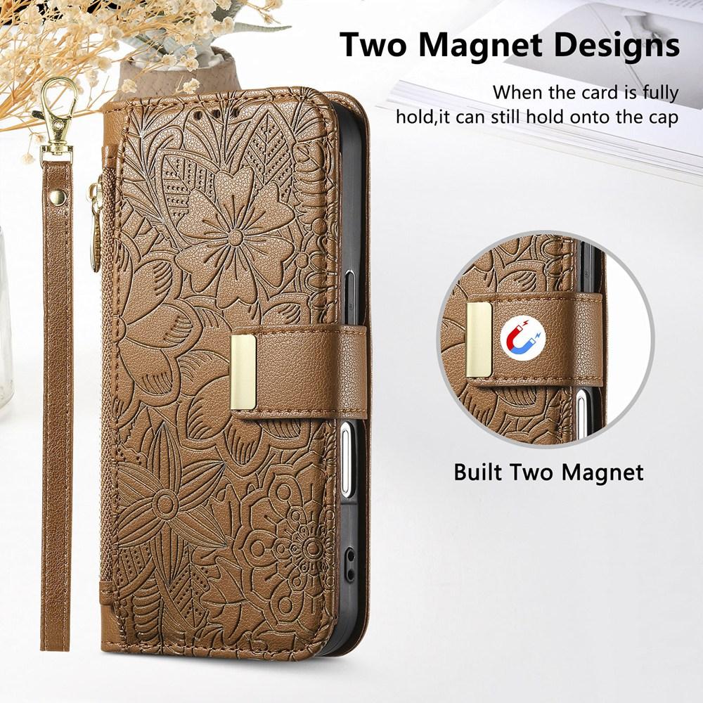 Phone Wallet Case with 6 Card Slots, Zip Coin Pocket, Stand for Hands-Free Viewing & Wrist Strap, Floral Design for OPPO VIVO Xiaomi Redmi Google