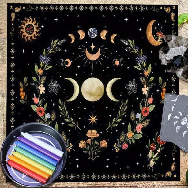 Divinations Tablecloth Moonphases Flower Pattern Tarot Tablecloth Altars Cloth
