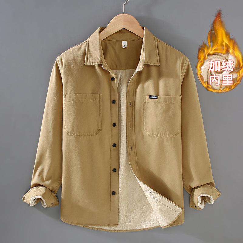 Winterwarme Hemden für Herren Japanischer Stil Cargo Langarmhemd Mann Verdicken Lässige Oberteile Doppeltasche Fleecejacke