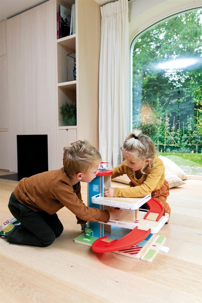 Scratch Wooden Multi-Story Parking Lot with Elevator, Wooden Toy, Ride-On Slope Toy, 6181085, Authentic