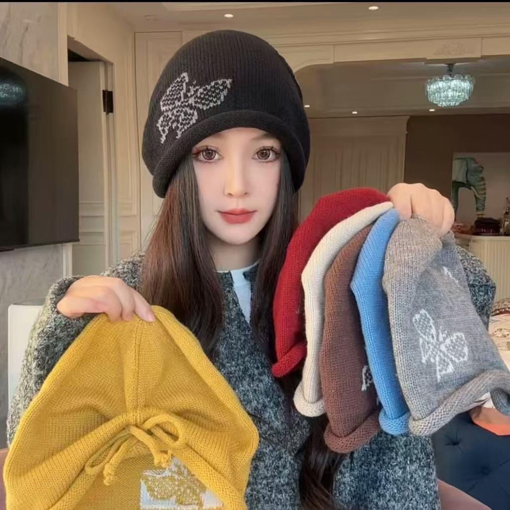 Curled brim beanie for women, autumn and winter, unique design with butterfly embroidery, ear protection, warm hat, versatile head wrap, trendy