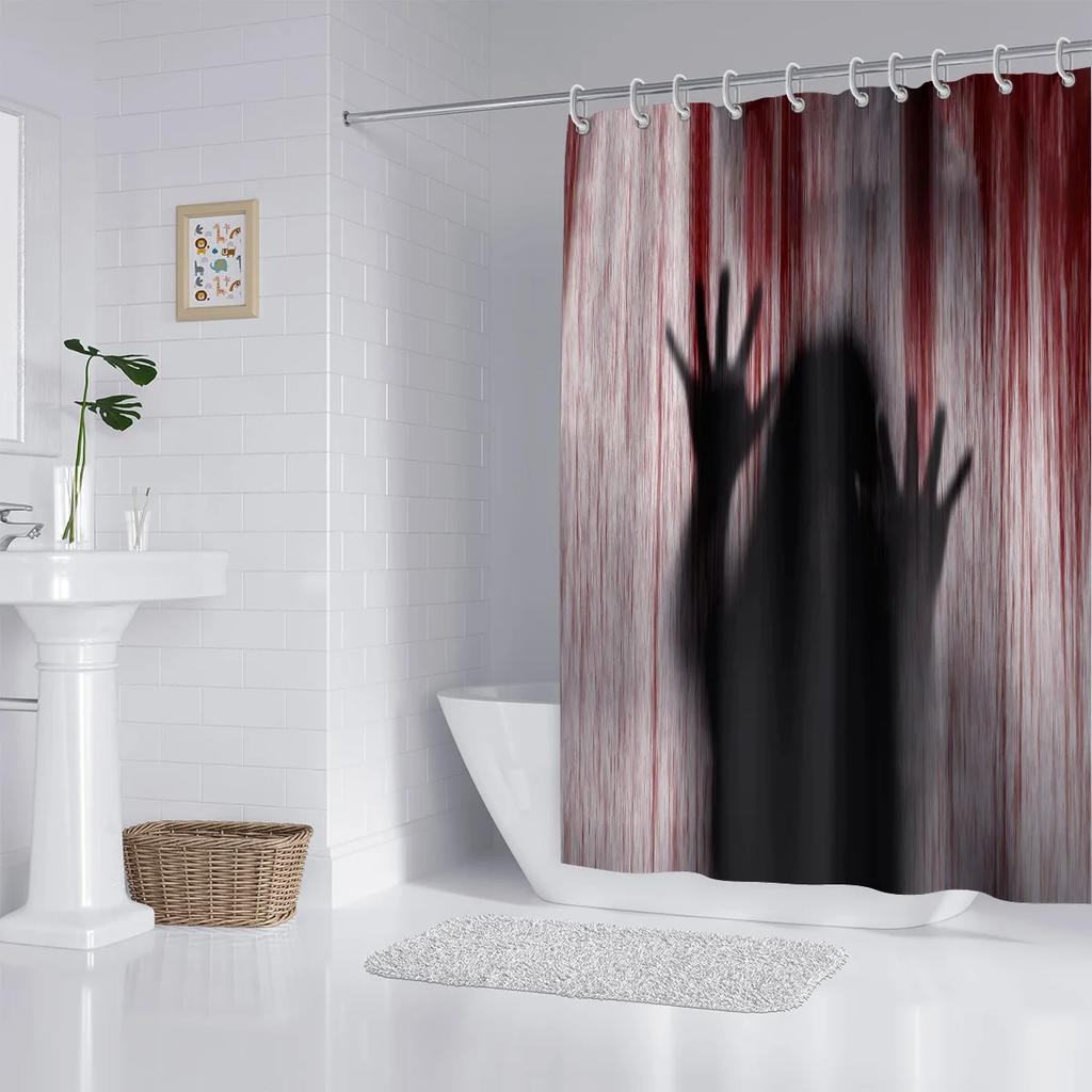 Halloween Shower Curtain Spooky Female Blood Ghost ,Shadow Bloody Handprint Haunted House Shower Curtain For Bathroom Decorati