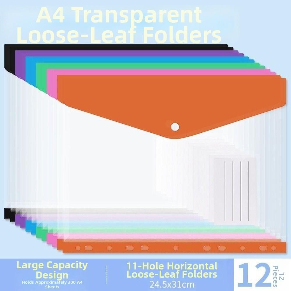 12Pcs Transparent Loose-Leaf File Bags Large-Capacity Binder Cash Envelopes  School Office Home