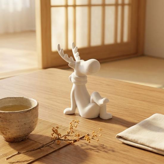 Deer Figurines for Christmas Decor 3D Printed Reindeer Figurine, Cute Sitting Statue with Scarf, Holiday Party Table Centerpieces Tabletop Home,