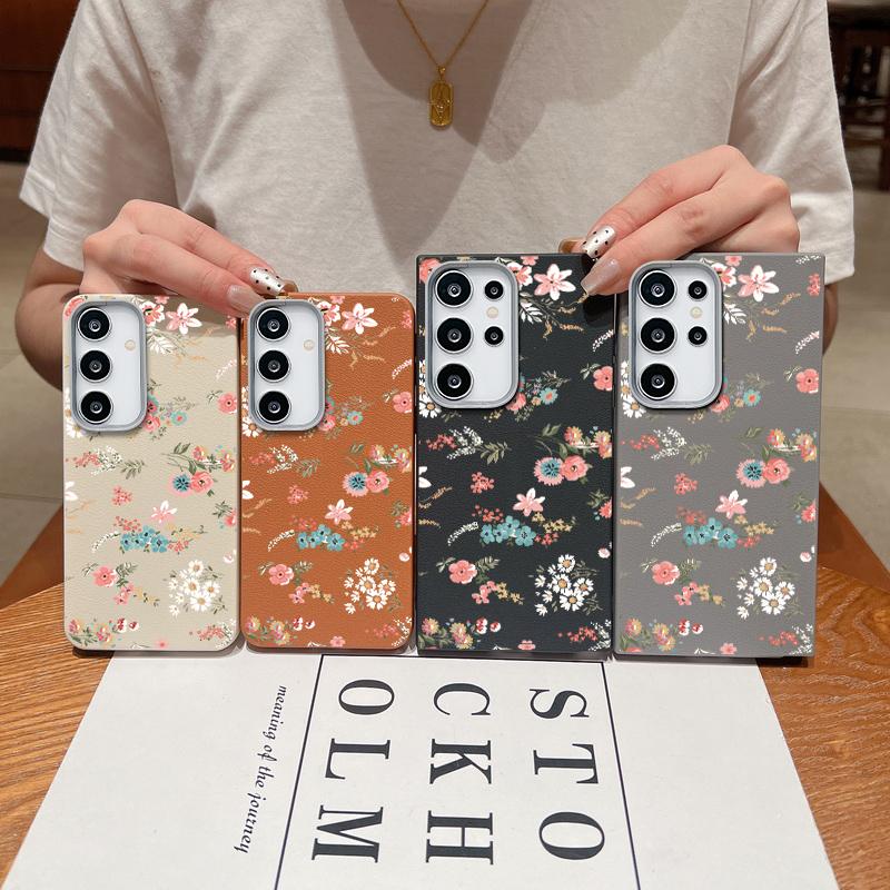 Retro Flowers Leather Texture TPU Case For Samsung Galaxy S24 FE S25 S23 S22 Ultra S25 Edge A55 A56 A16 A15 A54 A26 Phone Cover