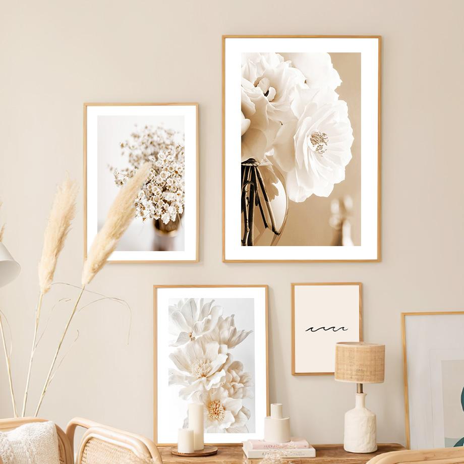 Beige Dahlia Peony Rose Daisy Flower Leaf Wall Art Canvas Painting Nordic Posters And Prints Wall Pictures For Living Room Decor