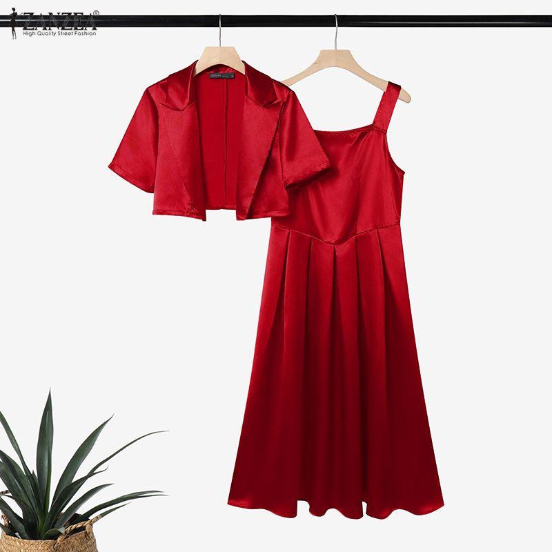 ZANZEA Women Short Sleeve Cardigan Tops and Sleeveless Dress Summer Two Piece Suit Sets