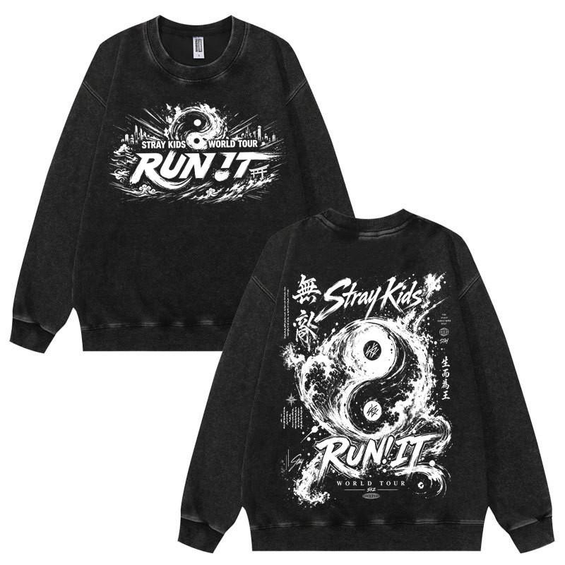 Washed Stray Kids World Tour Run It Skz Graphic Crewneck Sweatshirt Teens