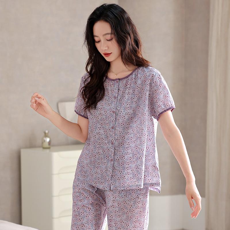 1011 New Woven Cotton Gauze Pajamas Women's Summer Cotton Short Sleeve Thin Cotton Middle-aged Mom Large Size Set