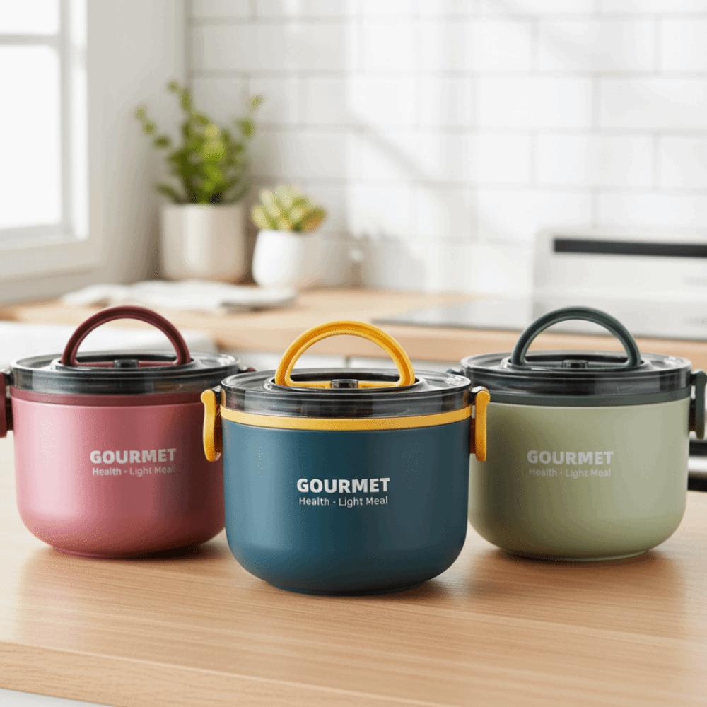 1000/1600ml Insulated Circular Lunch Box Double Layered Compartment Lunch Box  School